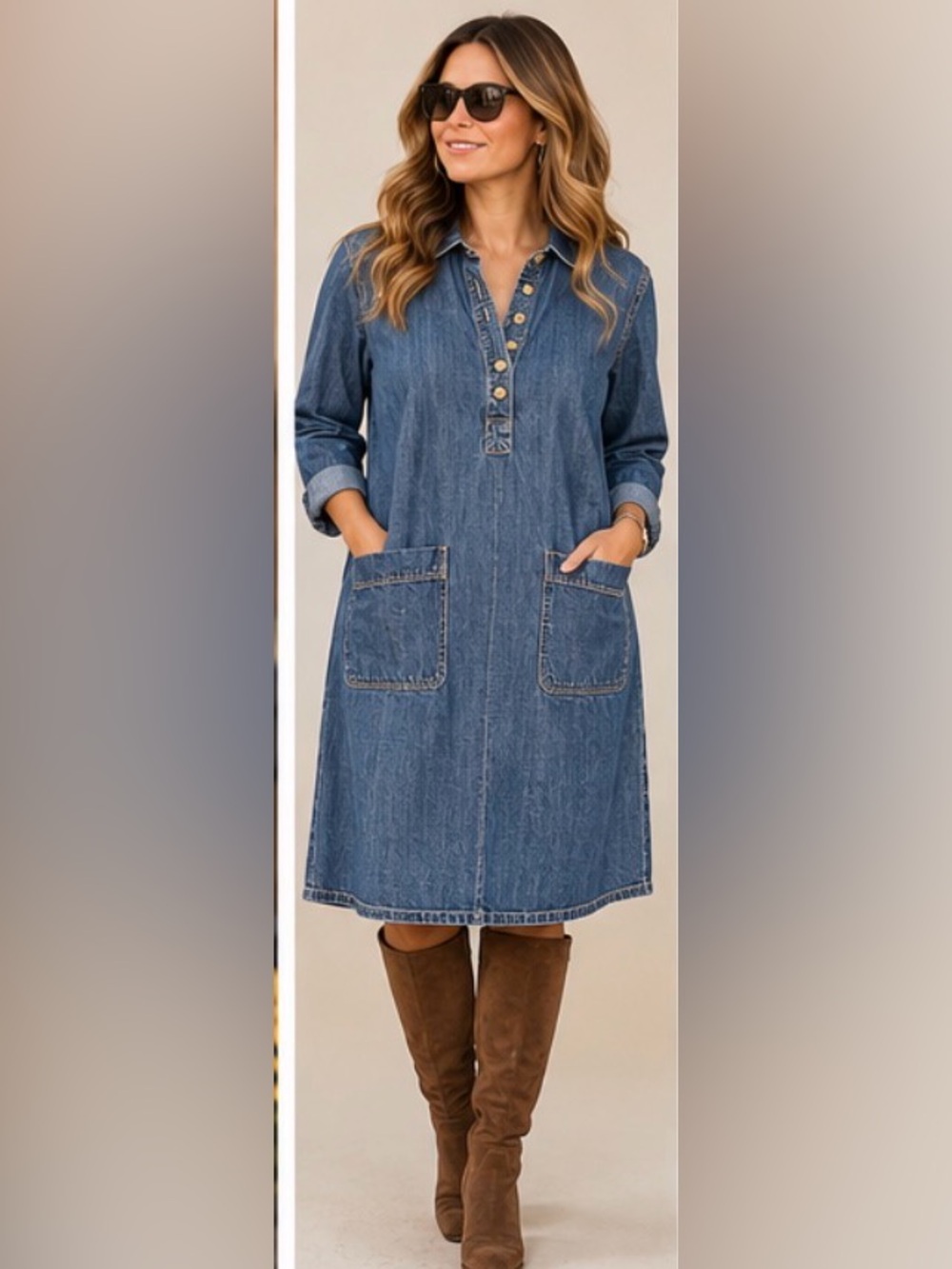 23” ptp Women's Blue & Brown Denim Midi Dress